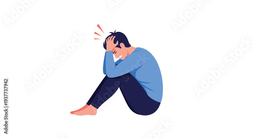 Stressed man sitting on the floor with head in hands experiencing anxiety or depression in a flat vector style.