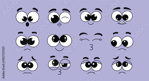 Collection of various cartoon eyes and eyebrow expressions on purple background