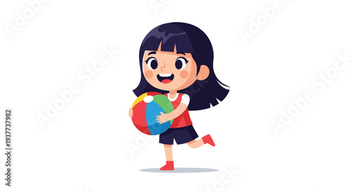 Little girl with dark hair running while holding a colorful beach ball in a fun and active summer cartoon illustration.