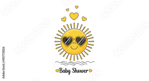 Cute smiling sun wearing heart shaped sunglasses with baby shower text for a summer celebration announcement.