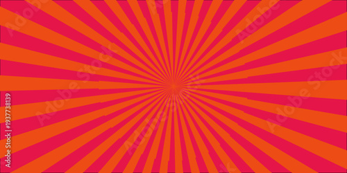 A vibrant orange and yellow retro sunburst background featuring a radial starburst design with bright vector rays and an abstract sunrise explosion texture for a nostalgic wallpaper illustration
