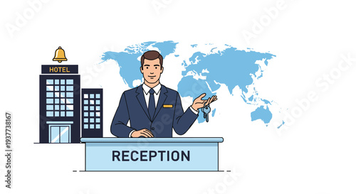 Friendly hotel receptionist handing over keys with a hotel building and world map in a travel industry concept.