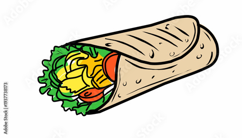 Shawarma Wrap Illustration. Middle Eastern Streetfood. Hand Drawn Food. Grilled Meat Sandwich. Fast Food Vector.