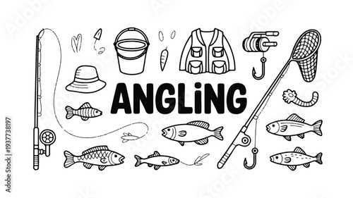 Angling fishing sport concept with various equipment and fish