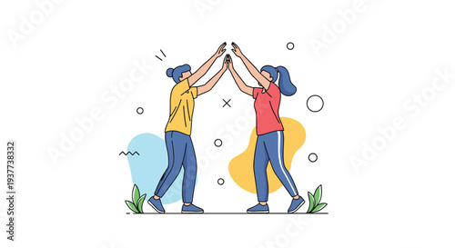 Two women giving a high five to celebrate success and teamwork in a modern flat vector illustration style.