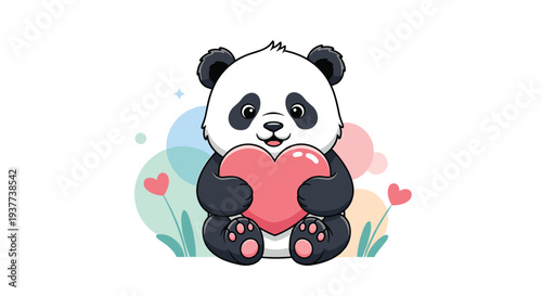 Adorable baby panda sitting and hugging a large pink heart surrounded by soft colored shapes and floral elements in cartoon style.