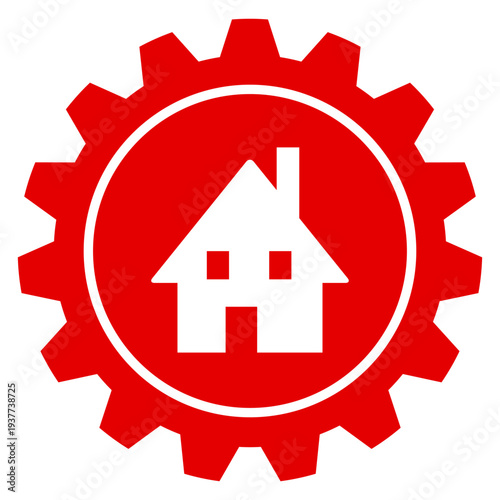 Haus Icon im roten Zahnrad für Home Office Immobilien Einstellungen Zuhause Vektor Grafik transparent png Illustration Element