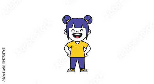 Cheerful cartoon girl with purple hair in twin buns wearing a yellow shirt and blue pants is standing happily with hands on hips.