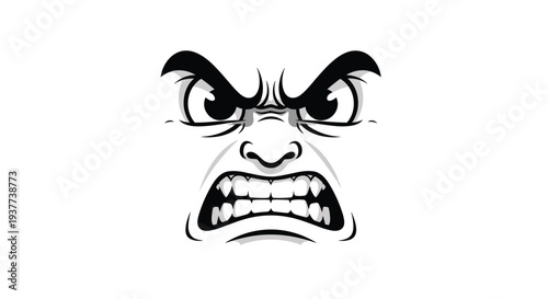 Intense expression of an angry face with furrowed brows and bared teeth is shown as a black and white cartoon graphic on white.