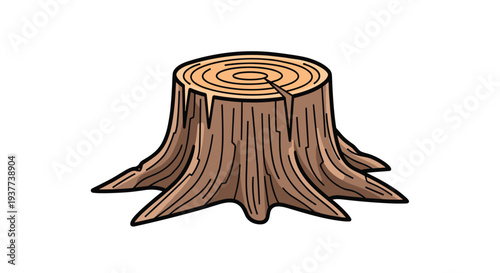 Brown tree stump with visible growth rings and roots is depicted as a solid wooden object in a detailed cartoon illustration.