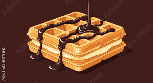 Delicious double stack of square waffles with cream filling has thick chocolate syrup being poured over the top in this food art.