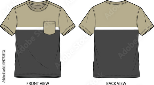 Modern color block t shirt design, stylish casual fashion apparel, front and back view, pocket detail, trendy clothing illustration, retail showcase