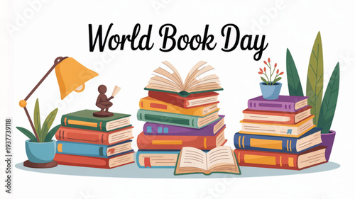 World book day celebration with stacked books plants and lamp on a table