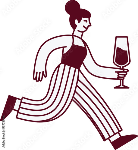 Playful running person illustration, holding wine glass, dynamic motion artwork, cartoon style design, humorous beverage concept, modern vector character showcase