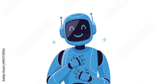 Friendly little blue robot with a glowing green smiling face and digital eyes is posing happily in a modern technology illustration.
