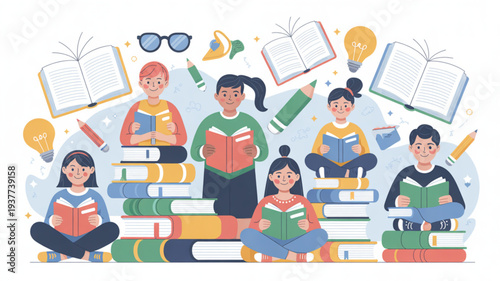 Diverse group of students sitting on stacked books surrounded by floating books glasses pencils and light bulbs representing education and learning