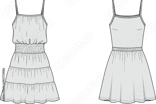 Sleeveless dress fashion illustration, spaghetti strap design, gathered bodice, tiered skirt, fitted silhouette, flared hemline, garment technical drawing showcase