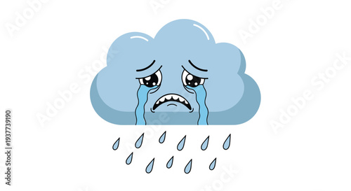 Sad cartoon cloud with a crying face is shedding large tears and raindrops against a white background in an emotional illustration.