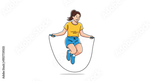 Young woman with a ponytail jumping rope for fitness and exercise wearing a yellow shirt and blue shorts on white.
