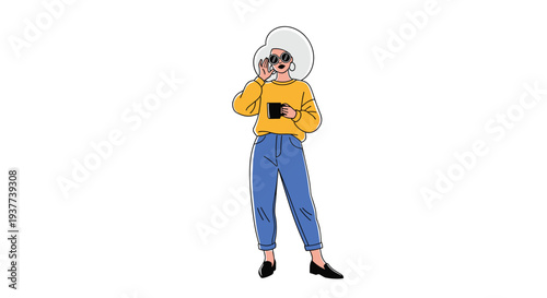 Stylish woman with large white afro hair wearing sunglasses and holding a black coffee mug while standing on white.