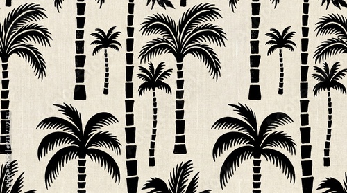 Seamless pattern of black palm trees on a beige background.