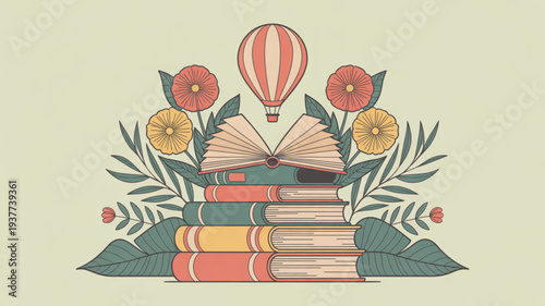 Stack of colorful books with flowers and hot air balloon on top symbolizing education and imagination in a whimsical setting