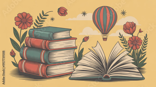 Stack of colorful books with open book flowers and hot air balloon on yellow background symbolizing education and imagination
