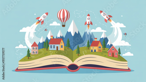 Whimsical illustration of a vibrant town on an open book with rockets and hot air balloon flying above mountains and clouds