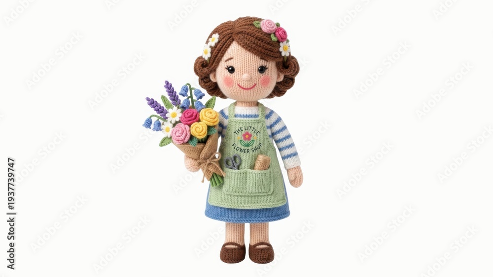 Fototapeta premium Doll holding flowers playroom toy photography bright colors close-up creative inspiration