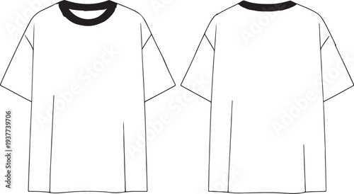  Cad drawing flat vector illustration of oversized unisex t-shirt, front and back view