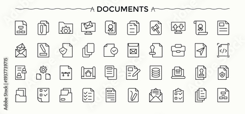 Documents linear icon collection. Document vector line icon set. Featuring note, contract, folio, pad, letter, form, paper and more. Editable stroke collections.