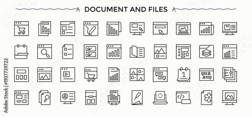 Document And Files modern icon set. List simple icon set. Minimal linear icons. Featuring report, page, form, file and more. Editable vector illustration.