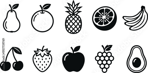 Fruit icons set including apple banana pineapple orange pear cherry strawberry grape avocado vector illustration collection