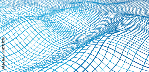 Aerial view of undulating blue wireframe grid representing digital landscape with dynamic waves and futuristic technology
