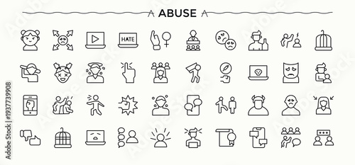 Abuse icon set. It contains symbols to molest, discrimination, violence, assault, crime and more. Harassment vector line icon set. Minimal thin line web icons set. Pixel perfect. Editable stroke.
