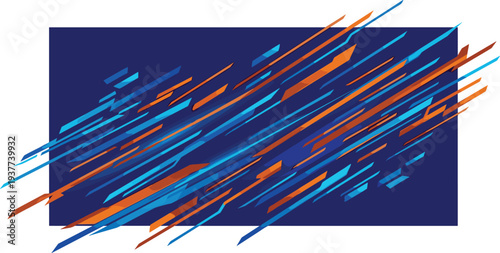 Dynamic abstract digital artwork featuring intersecting blue and orange streaks on a dark blue background from a straight-on viewpoint