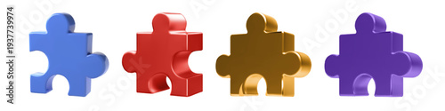 3D puzzle piece icon set. Blue red and purple golden jigsaw parts, complex problem solving concept. Business strategy, team building, creative idea combination. Realistic vector render assemble plan