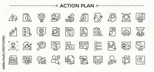 Action Plan icon set. Outline icons collection. Editable stroke. Pixel Perfect. Objective icon set. Contain linear symbols objective, task, implementation, resources, collaboration and more.