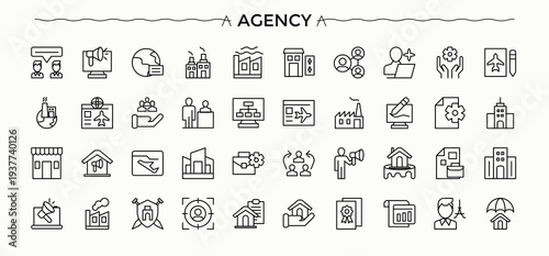 Agency icon. Contain linear symbols marketing, as, plan and more. Plan icon. UI icons set in a thin style. Editable stroke. Vector collection.