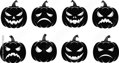 Halloween pumpkin faces silhouette set, spooky jack o lantern expressions vector illustration for horror holiday design
