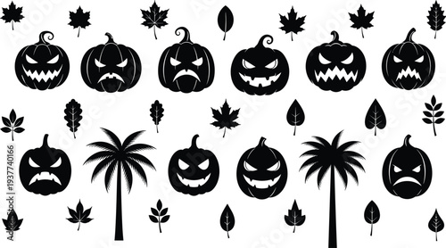 Halloween pumpkin faces, autumn leaves and palm tree silhouettes vector set spooky seasonal icons collection illustration