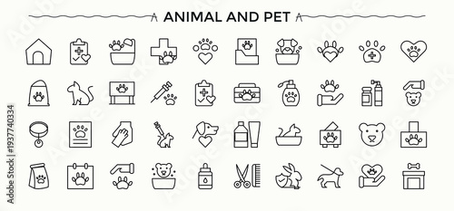 Animal And Pet icon set. Featuring vet, animal care, dog, cat, kitten and more. Vet icon set. UI icons set in a thin style. Editable vector art and illustration.