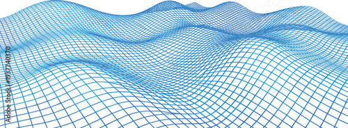 Aerial view of a 3D grid landscape with wavy surface and blue mesh pattern