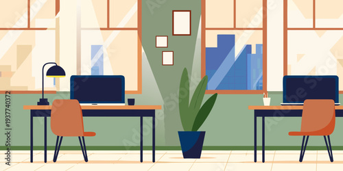 Modern home office interior with desks chairs and city view