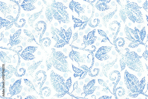 Intricate blue floral pattern created from numerous small dots