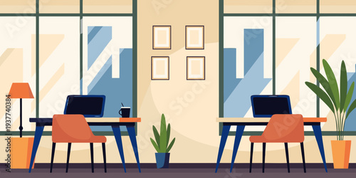 Modern office interior with desks computers and a minimalist design