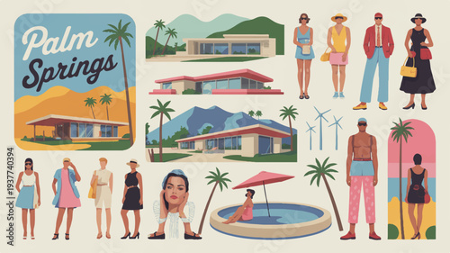 Retro palm springs vacationers enjoy mid century modern homes pools and sunny leisure in a vintage travel poster setting with people