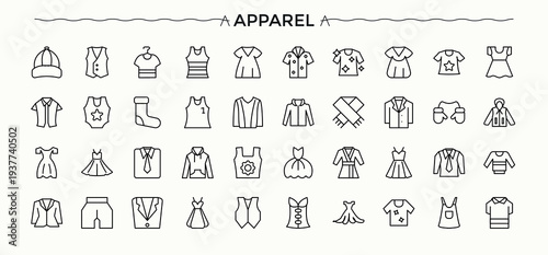 Apparel icon set. Fashion icon set. Minimal icons set. Related to outerwear, fashion, outfit, clothes, cloth, dress and more. Editable stroke vector art.