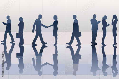 Silhouetted business people in a modern reflective hallway setting