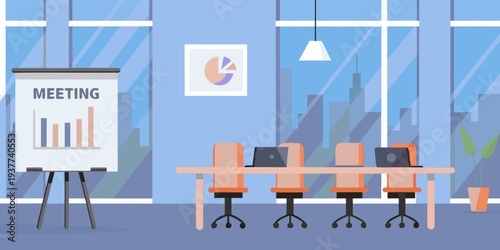 Modern conference room with a meeting presentation and empty chairs